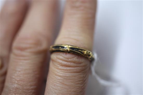 A George II gold and black enamel skeleton momento mori ring, size P/Q.